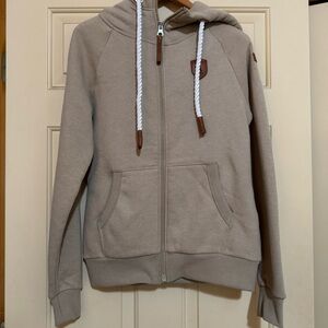 Wanakome Women’s Beige Hoodie with Brown Leather Patch